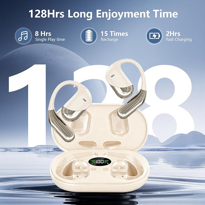 Open Ear Clip Wireless Earbuds Headphones, Bluetooth 5.4, Open Ear Design, Built-in Mic, IPX7 Waterproof, LED Display Charging Case,Ear Hooks Ear Buds Ultra for Fitness/Travel/Gym/Running/workout