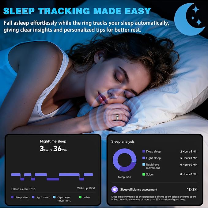 Smart Ring Fitness Tracker for Women - Health Heart Rate Ring with Sleep Monitoring, SpO2 Tracking, No Subscription Fee, Family Care (Silver 9)
