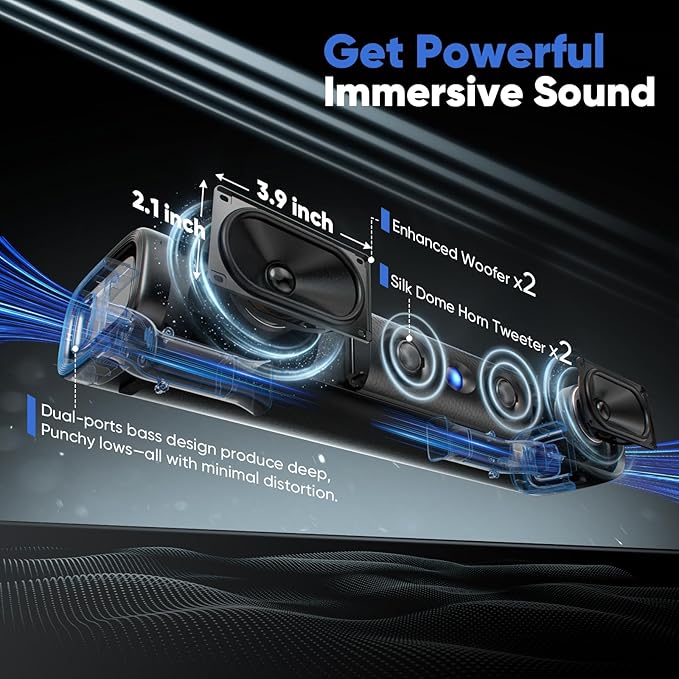 Sound Bar for Smart TV with Deep Bass & Crystal Dialogue – 60W 2.0 Channel Soundbar, Dual Woofers & Silk Dome Tweeter, Bluetooth 5.3, ARC/Optical/AUX, 17-Inch Wall Mountable for PC Projector Gaming
