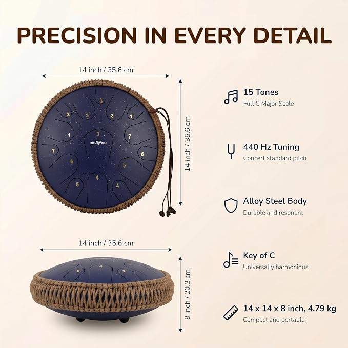 Balmy Drum Steel Tongue Drum 14 inch 15 Notes 440Hz, Handpan Drum with Music Book, Mallets, Carry Bag, Finger Picks, Rain Drum for Outdoor, Meditation Yoga Calming Instruments for Adults Kids (Blue)