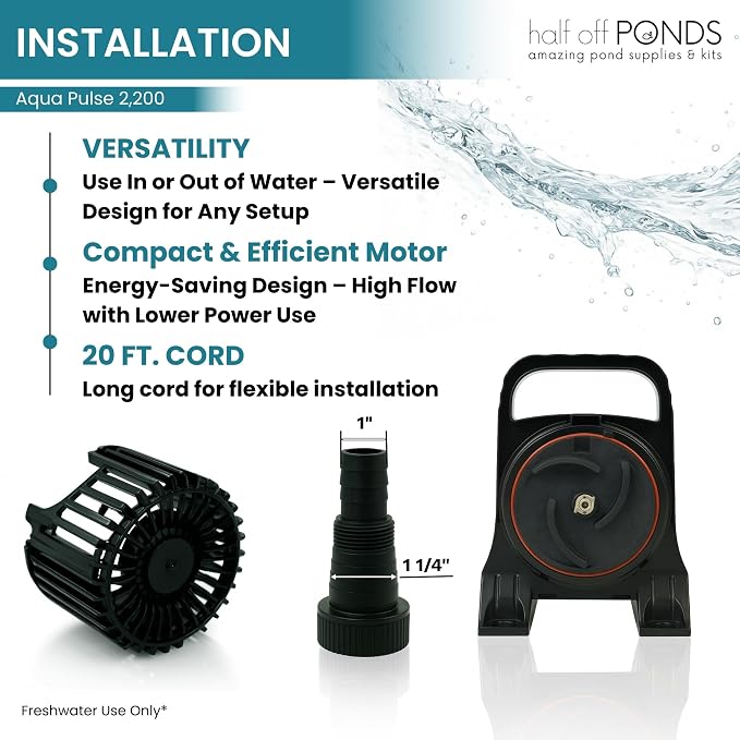 Aqua Pulse Submersible Pond Pump, 2,200 GPH, 20 ft Cord | 15 ft max head, 120W energy efficient, Ultra quiet, For koi ponds, Waterfalls, Fountains