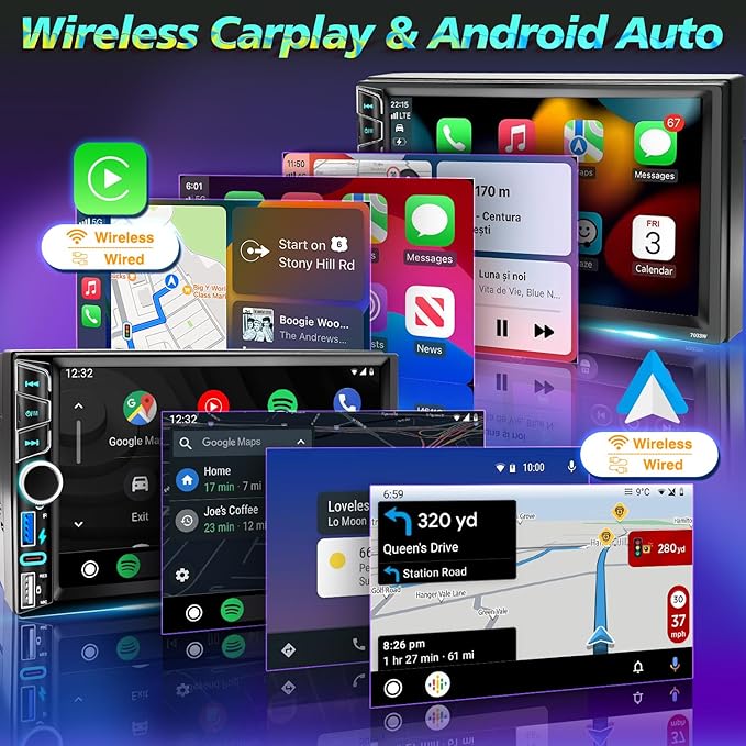 Wireless Double Din Car Stereo Apple CarPlay Android Auto,7" Touchscreen Car Radio Receivers, Bluetooth 5.2,FM AM Radio,Backup Camera,Physical Knob,SWC,Equalizer,Subwoofer,MirrorLink,USB/Type-C