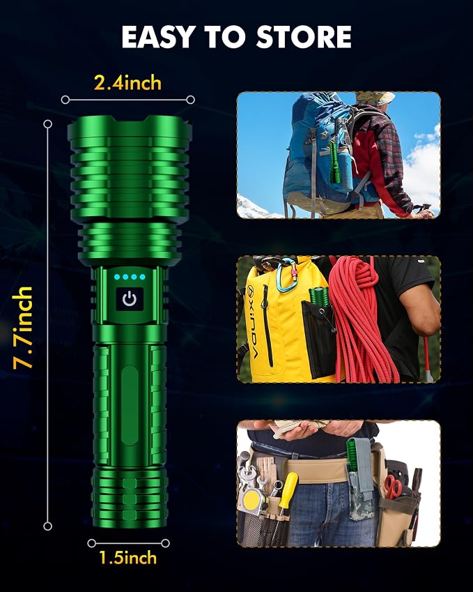 Rechargeable Flashlight 100,000 High Lumens, Super Bright Flashlights Powered by Battery, Handheld Waterproof Tactical LED Flashlight-Zoomable 5 Modes-31H Runtime for Emergency Camping (Green)
