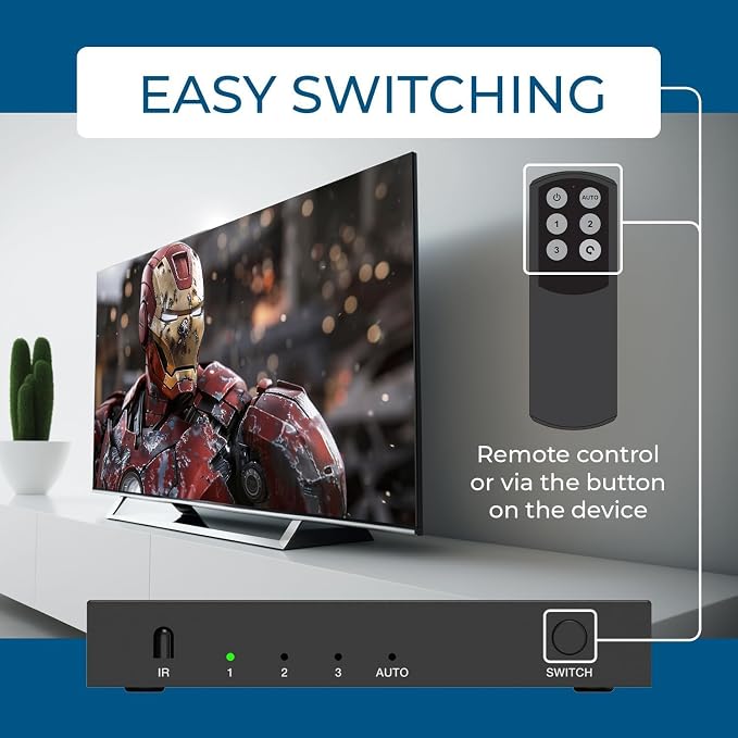 OREI 8K 3-Port HDMI 2.1 Switch, 3-in 1-Out, 8K@60Hz, Manual & Auto Switch