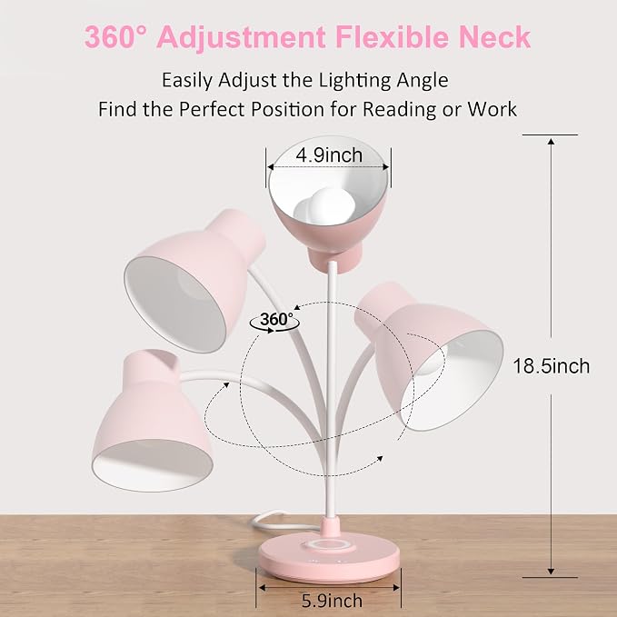Desk Lamps for Home Office - LED Desk Lamp with Wireless Charger, 3 Color Modes Dimmable Eye-Caring Study Reading Desk Light, Small Flexible Arm Table Lamp for College Dorm Room Bedside, Pink