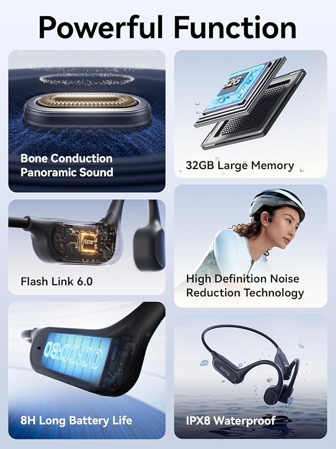 Sanag B33S Bone Conduction Headphones Bluetooth 6.0, IPX8 Waterproof SwimmingHeadphones with 32GB MP3 Player, 8H Playtime OpenEarEarbuds with Mic,Noise Reduction Call for Running Cycling Sport, Black