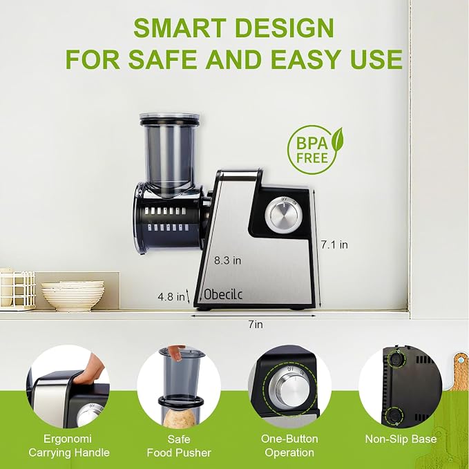 Upgraded 300W Electric Cheese Grater with 7 Stainless Steel Blades, Cheese Shredder Electric for Slicing, Shredding & Grinding Vegetables, Fruits and Nuts,Easy One-Touch Control