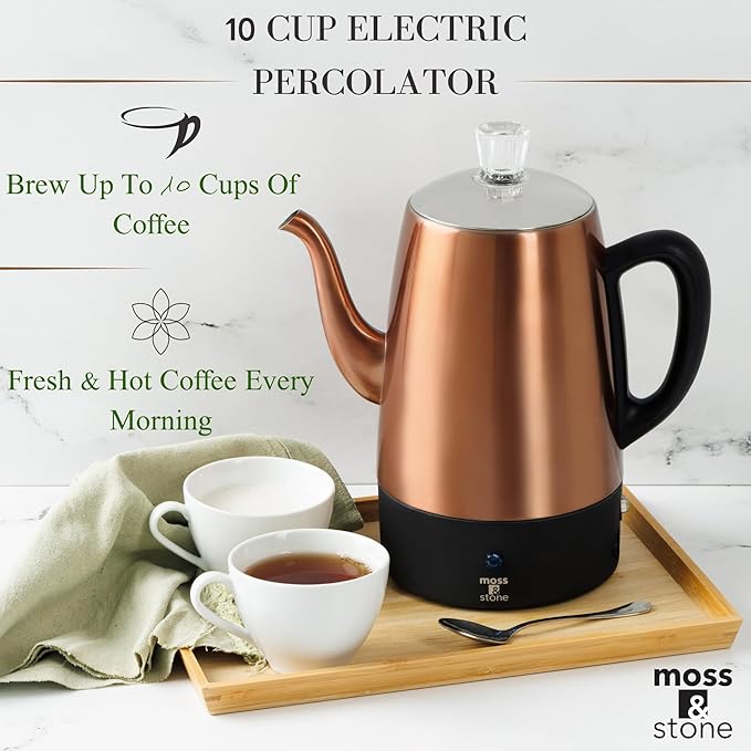 Moss & Stone Percolator Coffee Pot Electric 10 Cup, Stainless Steel Coffee Maker, Coffee Percolator Electric With Keep Warm Function, 10 Cups Stainless Steel Percolator With Coffee Basket Bundle With