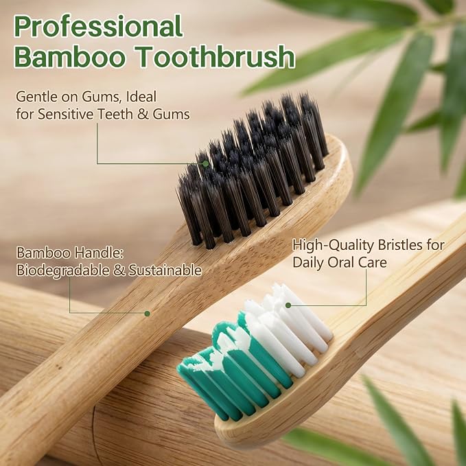 Natural Bamboo Electric Toothbrush for Adults - 4 Pack Bamboo Repalcement Brush Heads| 5 Cleaning Modes Long-Lasting Battery| PX7 Waterproof Rechargeable Toothbrush