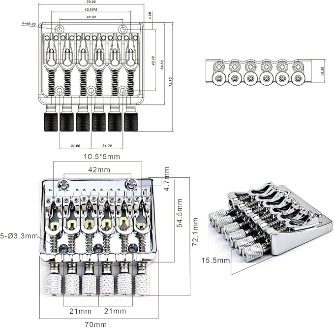 Zinc Alloy Headless Electric guitar Bridge，6 String Fixed Bridge - String Spacing 10.5mm(13/32")，Fits for 6-String Headless Electric Guitar Replacement Parts（Chrome）