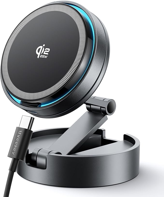 THREEKEY Qi2 25W Certified Magnetic Car Mount Charger Lite with Cooling Fan&LED Light, 360° Rotating Fast Wireless Charger & Phone Holder for iPhone 17-12, Galaxy S25-S26 | 30W Adapter Included