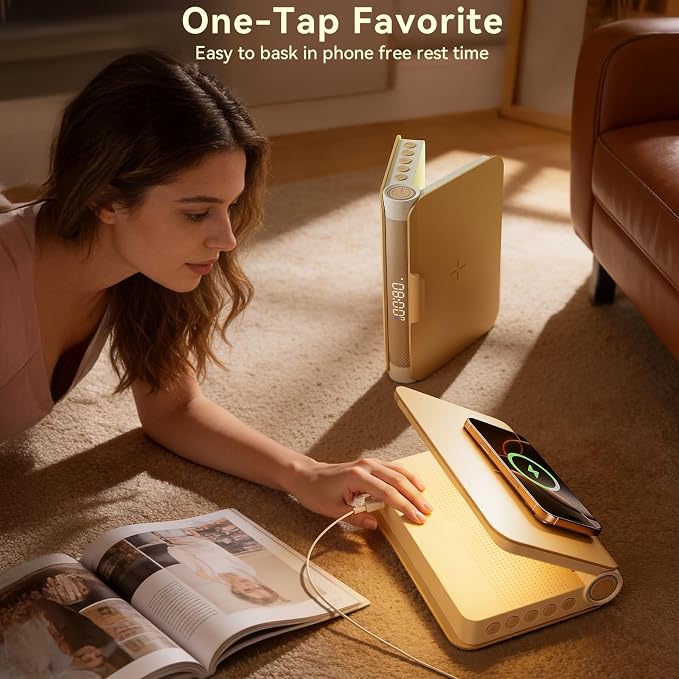Vivilumens Speaker Bluetooth Wireless Charging 5 in 1 Speaker Loud for Adults Teens Aesthetic Book Shape Sunrise Gentle Wake Up Light for Bedroom Decor Bedside Tech Gifts