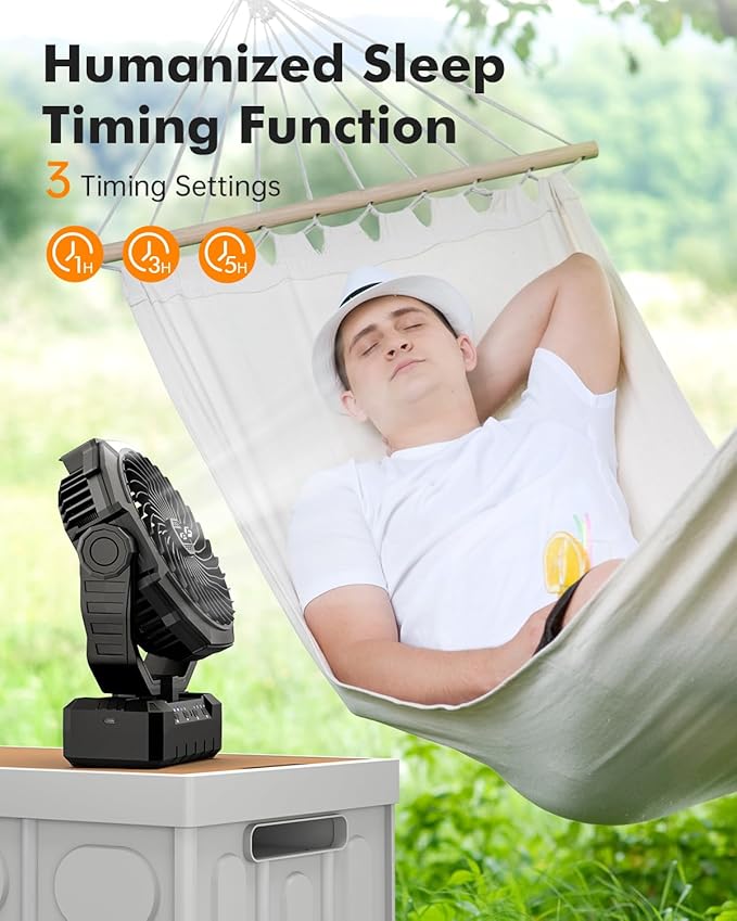 3-in-1 Camping Fan - 48000mAh Detachable Portable Fan Rechargeable with Light & Hook, Battery Powered Fans for Outdoor, Indoor, Tent, Fishing, Travel, Hurricane, Summer Gifts for Men - Black