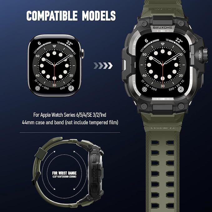 BXUXOHS Rugged Case and Band for Apple Watch 44mm Men, Compatible with Apple Watch SE 3/SE 2nd Generation/SE/Series 6/5/4, Military Grade Shockproof Bumper Cover,Tactical Band Case for iWatch 6/5/4/SE