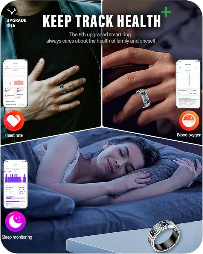 Smart Ring Health Tracker with Display for Women Men - German Chip,Ultra Light,Ultrathin,Free Charging case,iOS/Android/Fitness/Heart Rate/SpO2/Sleep/Step/Pressure