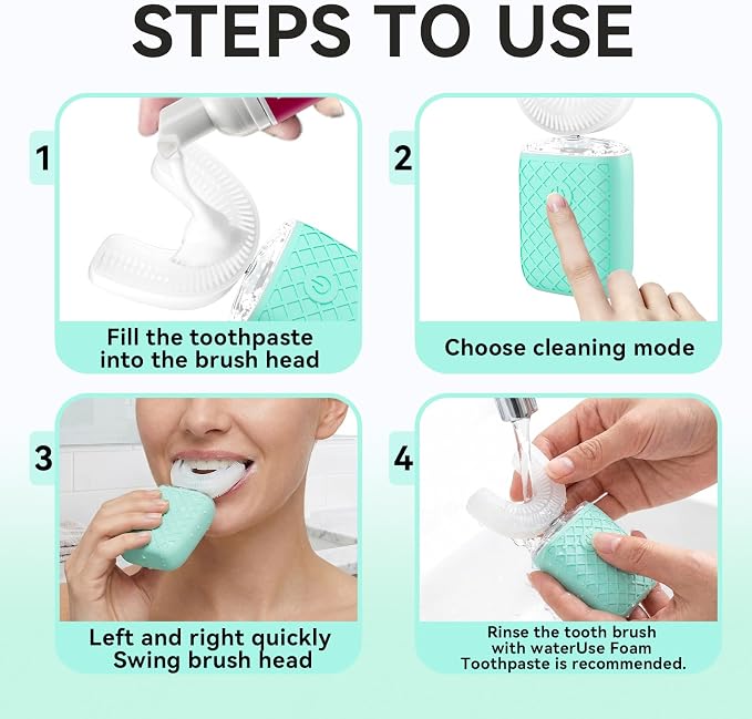 Sonic Electric U Shaped Toothbrush for Adults, Automatic Full Mouth Cleaning Toothbrush, 360° Stain Removal, IPX7 Waterproof Rechargeable, 3 U-Shape & 2 Straight Brush Heads (Green-Cup)