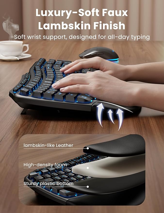 SABLUTE Ergonomic Wireless Keyboard and Mouse Combo, Rechargeable 4000mAh Backlit Keyboard with Soft Faux Lambskin Palm Rest, Wave Keys for Natural Typing, Compatible with Windows/Mac/Chrome OS