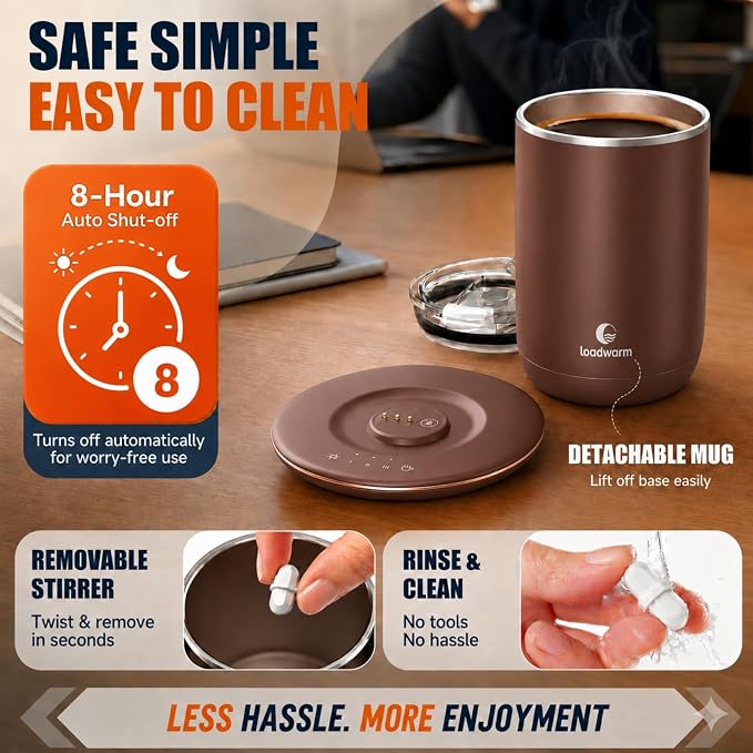 Self Heated Stirring Coffee Mug, 10oz Auto Mixing Cup with Warmer, Brown | 3 temp settings, food-grade stainless steel interior, 8-hour auto shut-off, plug-in desk mug with Warmer for office home