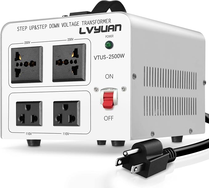 LVYUAN 2500W Voltage Transformer Converter Step Up/Down Converter 110/120 Volt - 220/240 Volt with 2 US&2 Universal Outlet and CE Certified,Circuit Break Protection