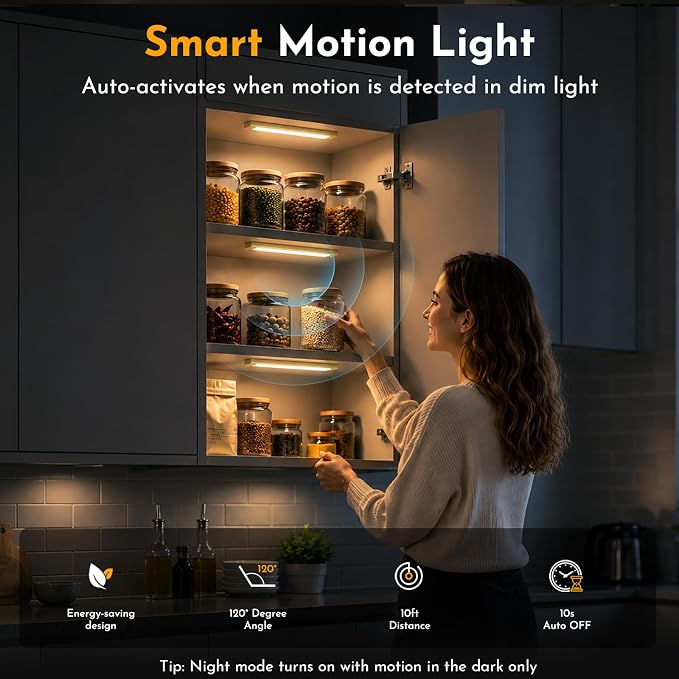 V4light Under Cabinet Light, Rechargeable Magnetic LED Bar with 1800mAh, Gold Aluminum Motion Sensor Lighting Indoor, Dimmable 3 Color Temperatures for Kitchen, Closet, Shelf & Stair (9 in)