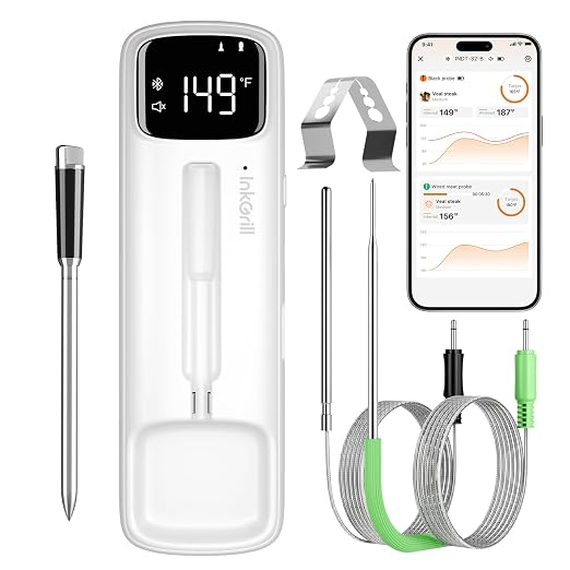 2-in-1 Wireless & Wired Probes, Wireless Meat Thermometer with Magnetic LED Display, Bluetooth Meat Thermometer for BBQ, Oven, Smoker, Food Thermometer Digital with Dual Sensors, 28 USDA Presets