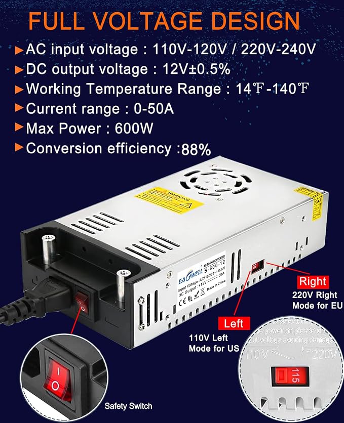 EAGWELL New Version 110V AC to 12V DC Converter 600W Power Supply 50A | Universal SMPS Transformer for RV, Pump, LED Strip, CCTV, Car Stereo,Diesel Heater Power Supply