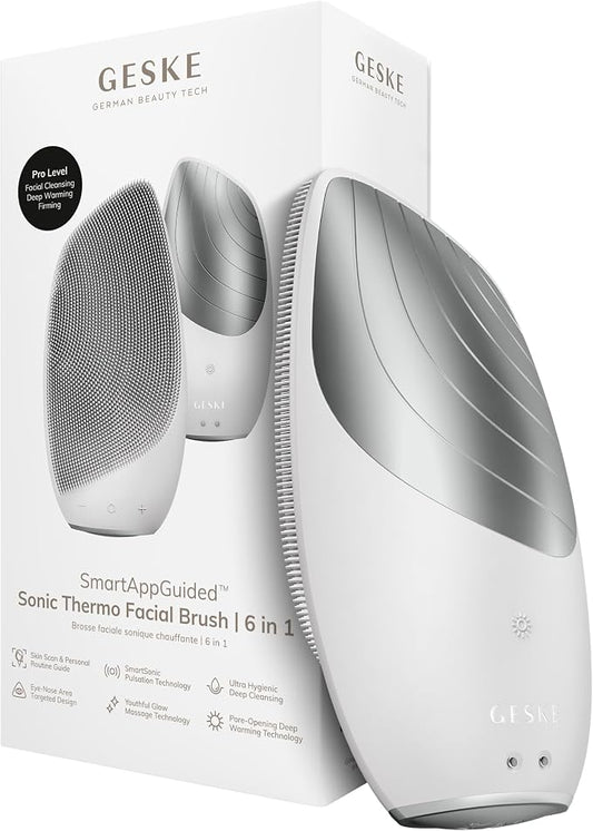 GESKE SmartAppGuided Sonic Thermo Facial Brush | 6 in 1 | Skin Cleansing | Cleansing Brush with Thermal Function | Electric Facial Massager