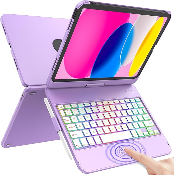 For iPad 11th Generation/10th Generation Case with Keyboard,Touch Keyboard for iPads A16 /10th Gen 10.9 inch 2022 - 10 Color Backlight, 360° Rotatable Protective Case for iPad A16 with Pencil Holder
