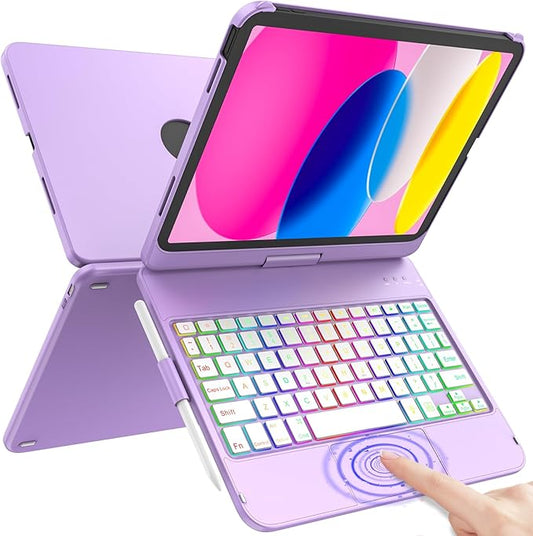 For iPad 11th Generation/10th Generation Case with Keyboard,Touch Keyboard for iPads A16 /10th Gen 10.9 inch 2022 - 10 Color Backlight, 360° Rotatable Protective Case for iPad A16 with Pencil Holder