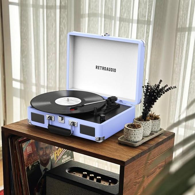 Vinyl Record Player 3 Speed Bluetooth Portable Suitcase Belt-Driven Record Player with 2 Built-in Stereo Speakers Vinyl Vintage Turntable Records Player with RCA Line Out, AUX Out (Purple)