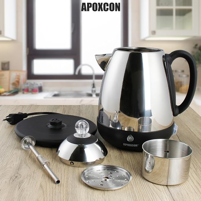APOXCON Electric Coffee Percolator, Stainless Steel, with Clear Brew Progress Knob, No-Drip Spout, Auto Keep Warm, Cordless Serving, 10 Cup, Silver