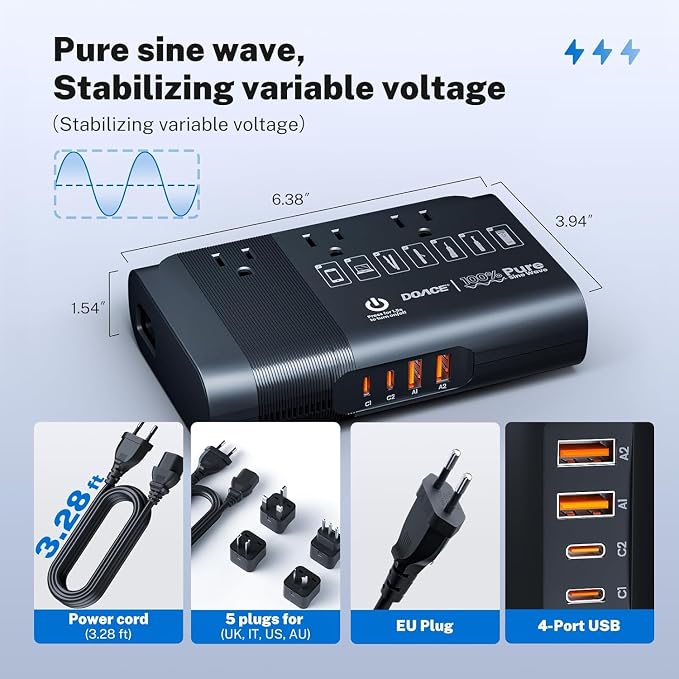 DOACE 500W Travel Voltage Converter, 220V to 110V Pure Sine Wave Step-Down Transformer for International Travel, Europe UK AU, Safe for Hair Straighteners, Cameras & Devices