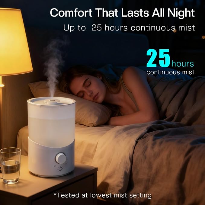 Cool Mist Humidifier for Bedroom, 3L Top Fill Ultrasonic Air Humidifier with Adjustable Knob Control, Quiet Operation, Auto Shut-Off, BPA-Free for Home, Baby, Office, Plants 6L