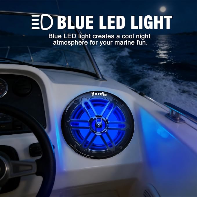 Herdio 8" 450W Marine Speakers - IP66 Waterproof Coaxial Audio, with Blue LED Light for Boats, ATVs, UTVs with UV Resistant Black Grille (A Pair)
