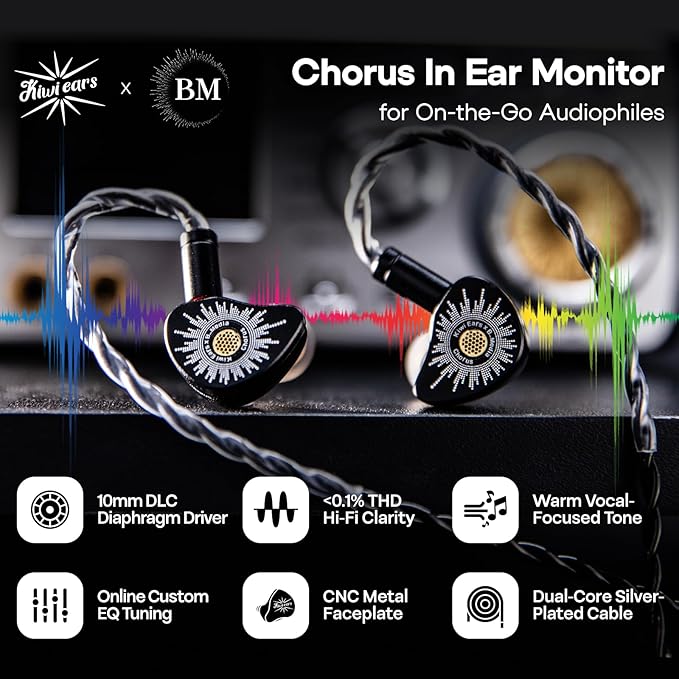 Linsoul Kiwi Ears x B_Media: Chorus in Ear Monitor,DLC Diaphragm Dynamic Driver Wired Earbuds CNC Metal Faceplate IEM,with Dual Silver-Plated Cable,Earphones for Audiophile (1, Black, 3.5mm with Mic)