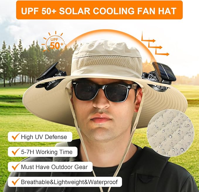 Solar Fan Hat Wide Brim Sun Hat with 2 Solar Fan, Solar Powered & USB Charging Hat Fishing Hat with Fan for Men