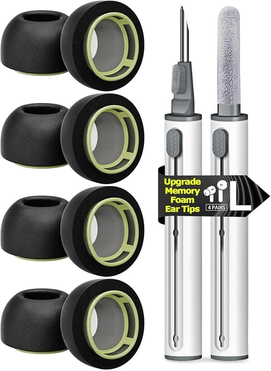4 Pairs Large Memory Foam Ear Tips for AirPods Pro 1st & 2nd Gen, No Silicone Eartips Pain, Better Noise Cancellation, Replacement Buds with 3 in 1 Cleaner Kit and Fit in Charging Case,Black