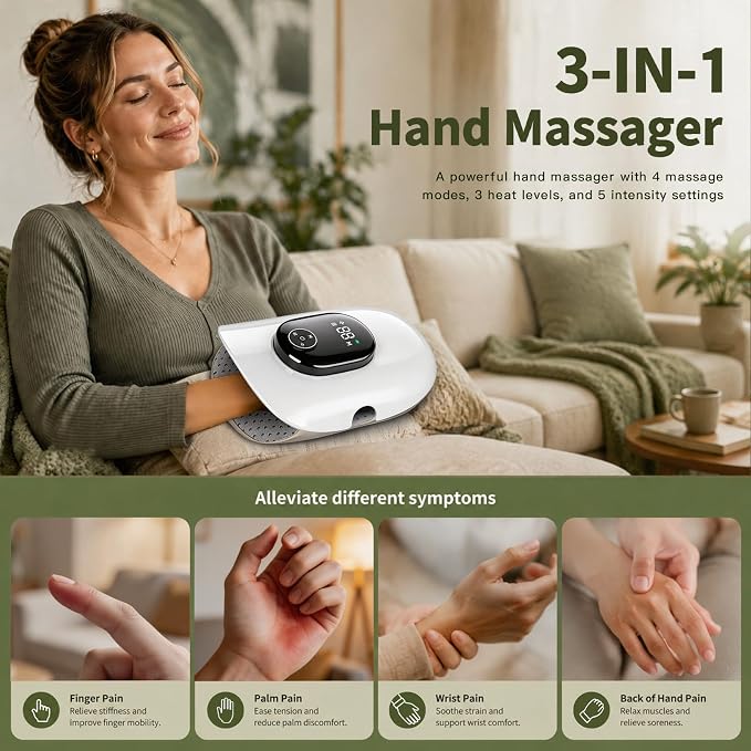 Hand Massager with Heat and Compression, Finger Stretch&Knuckle Stretching, 4 Massage & 5 Compression & 3 Temperatures Modes, Gifts for Women Men (White)