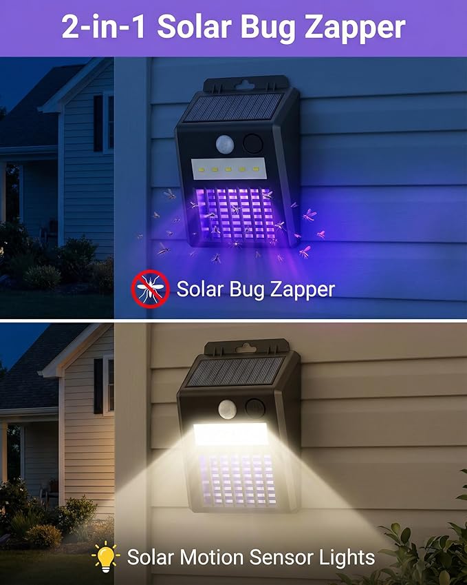 Solar Bug Zapper Outdoor - 2-in-1 Waterproof Cordless Mosquito Zapper with 3 Modes, Motion Sensor Light & UV Light, Rechargeable Mosquito Killer Lamp for Patio Yard Garden (Black)