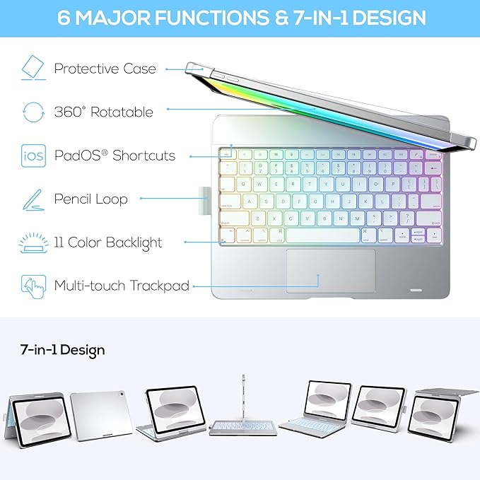 typecase Touch iPad 11th 10th Generation Case with Keyboard (11" 2025, A16 & 10.9" 2022) – 360° Rotatable, 11-Color Backlit, Multi-Touch Trackpad, Pencil Holder, Thin & Light – Silver