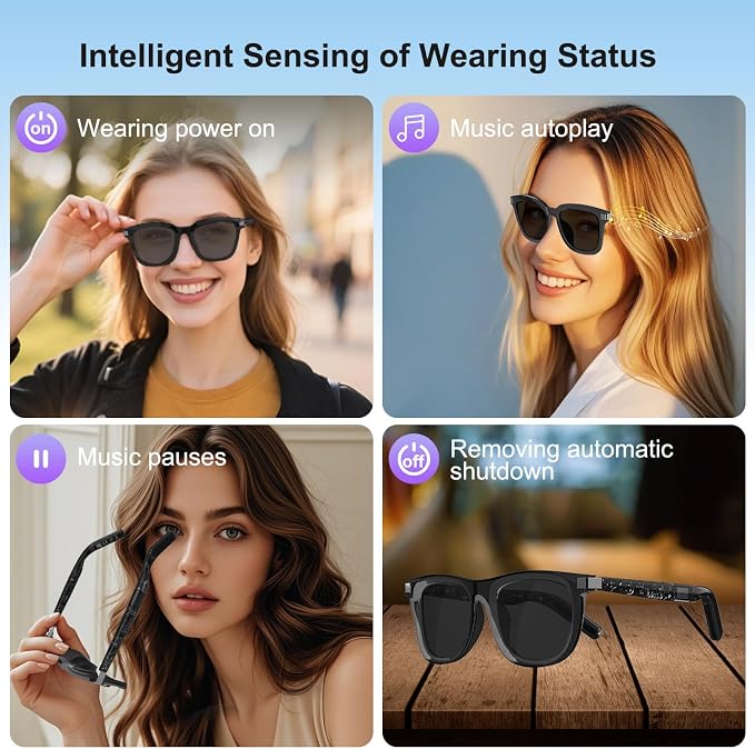 Smart Glasses, Polarized Sunglasses with Bluetooth Speaker, Wear Detection Auto On/Off, Noise Reduction, Outdoor Mode, Athletic/Outdoor UV Protection and Voice Control, Unisex (Grey)