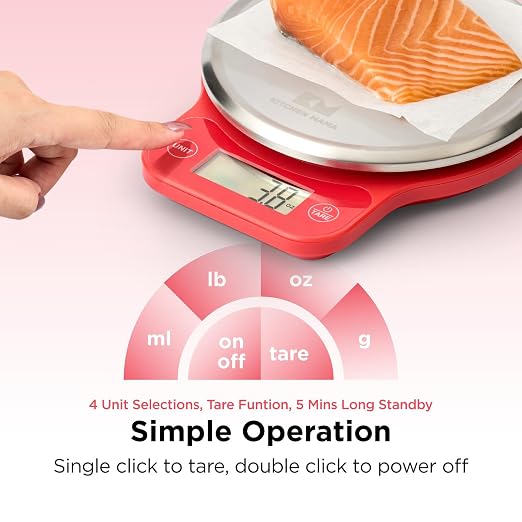 Kitchen Mama Q-Series Digital Food Scale, Red | 13.2 lb / 6000g Capacity, 1g Precision, Tare Function, Stainless Steel Platform, LCD Display