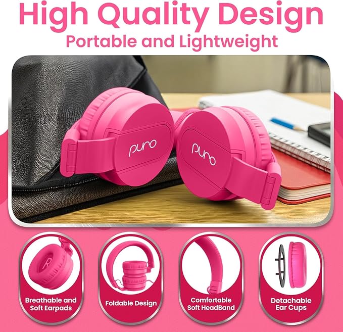 Puro Sound Labs Kids Wired Headphones – Volume-Limiting & Adjustable, Safer & Comfortable Headphones for Kids – Compatible with PCs, Smartphones & Tablets, Ideal for School & Travel – PuroBasic, Pink
