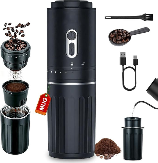 Portable Coffee Maker, Travel Coffee Maker, Portable Battery Pour Over Set, Rechargeable Coffee Maker with Electric Grinder & Insulated Mug for Travel, Camping, Car