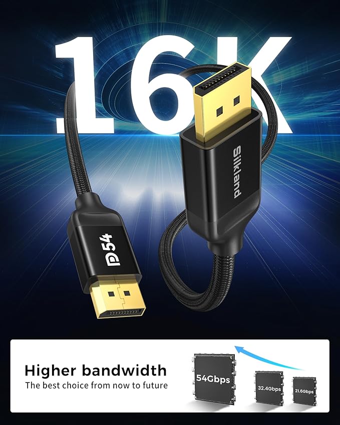 Silkland 54Gbps DisplayPort Cable 2.1 [VESA Certified], DP 2.1 Cable [16K@30Hz, 8K@120Hz, 4K@240Hz 165Hz 144Hz] HDR, HDCP DSC 1.2a, Compatible FreeSync G-Sync Gaming Monitor 5090 7900XTX, 6.6FT