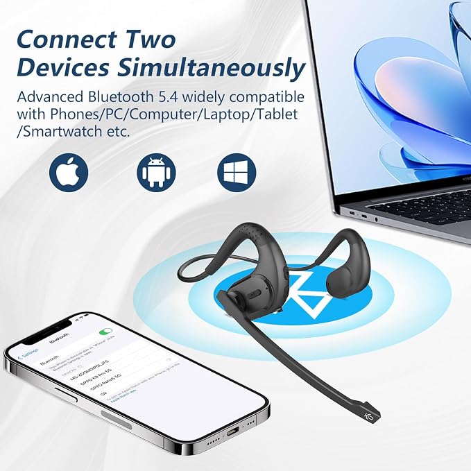 BANIGIPA Bluetooth Headset with Removable Microphone, Noise Cancelling Wireless Headset for Phones Laptop Computer PC, Open Ear Headphones for Office Meeting Running Cycling Driving Working-12 Hrs