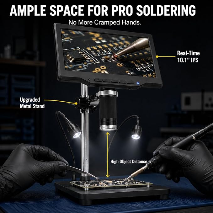 Digital Microscope for Soldering, 10.1" IPS Screen, 1200X Coin Microscope with 16MP Camera, 1080P Video, Adjustable 8+2 LED Lights, Remote Control, PC View for Electronics Repair, Adults