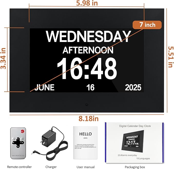 7" Digital Alarm Clock for Seniors, Dementia Clock with Day and Date for Elderly, Digital Calendar Day Clock with 20 Reminders & 20 Alarms, Auto-DST