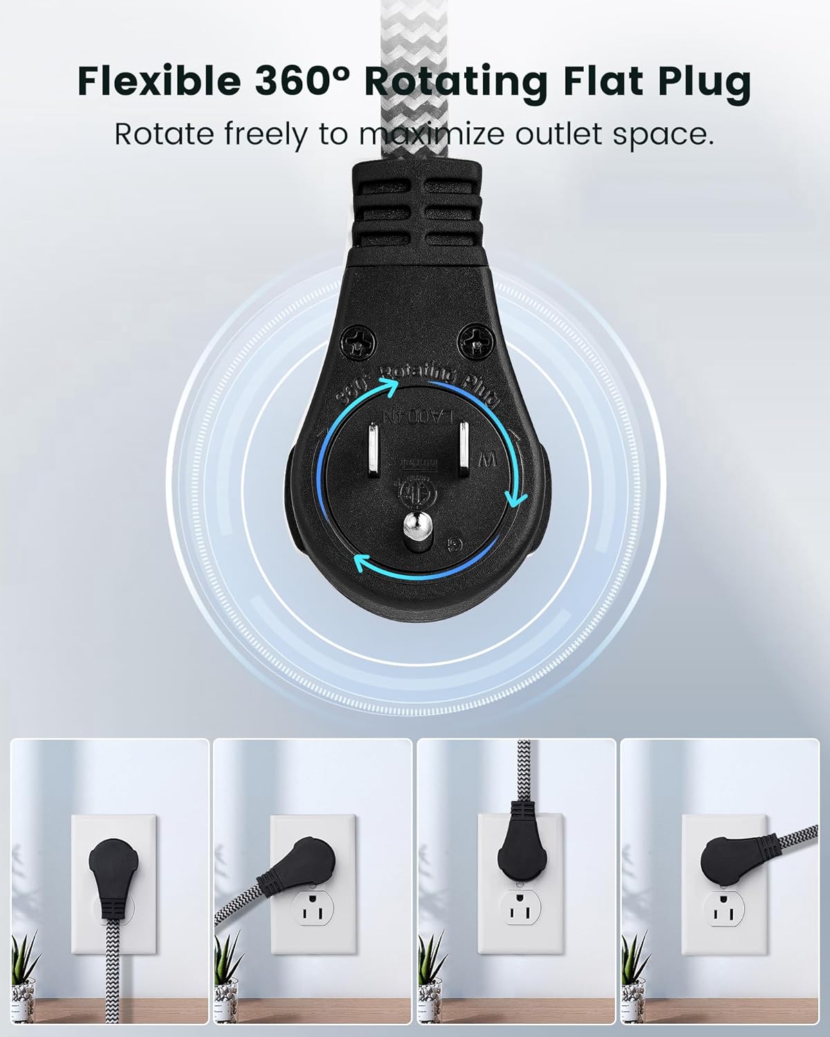 SURAIELEC 10FT 360° Rotating Flat Plug Extension Cord Flat Wall Plug with 3 Outlets, Braided Flat Black Extension Cord for Indoor Use, Small Space, 16/3C SPT, ETL Listed