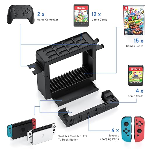 Switch Game Storage with Controller Charger for Nintendo Switch & OLED Model, Switch Charging Dock Charges 6 Joycons, Switch Gaming Accessories Holder for Desk, Switch Game Gift Card Organizer (Black)